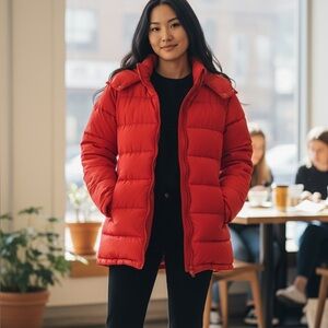 Women’s red puffer GAP zip up hooded winter ski coat
